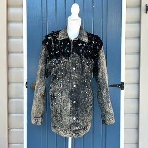 One of a Kind Black and Gray Distressed Denim Jacket with Sequin Details